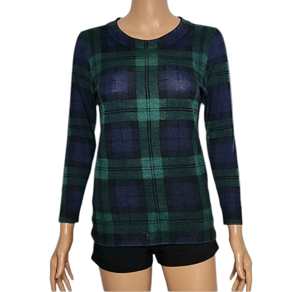 J.Crew Women’s 100% Merino Wool‎ Sweater Size S Plaid Green Blue long sleeve
